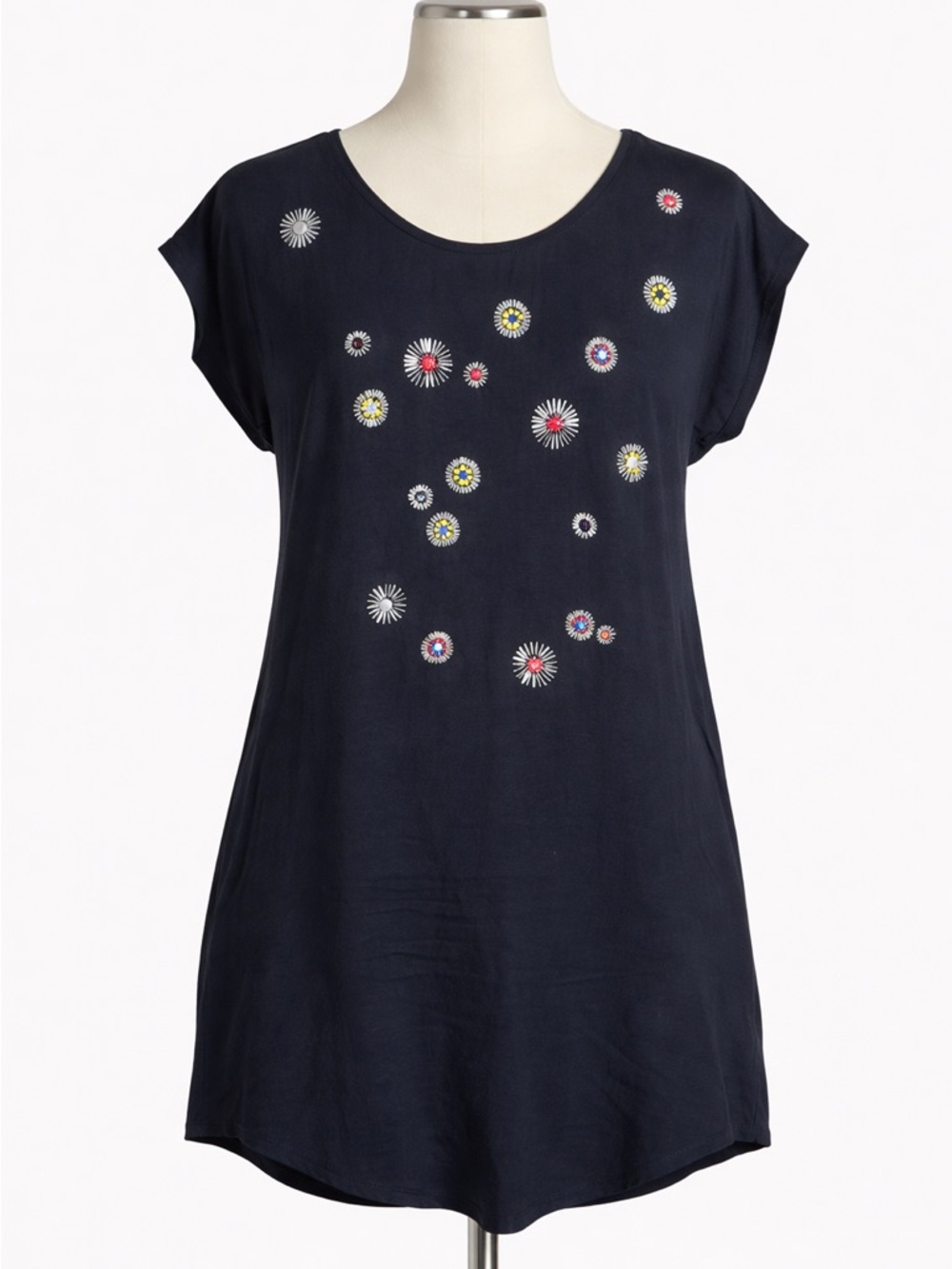 Trina Turk Dress Womens 4 Black Silk‎ Embellished Floral Shift Short Sleeve